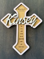 3 Layer Cross Natural Wood with Pink Frame & White Lettering