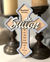 3 Layer Cross Natural Wood with Blue Frame & White Lettering